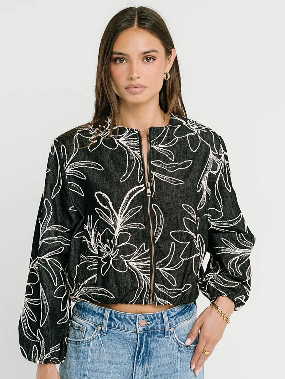 Bohme Black Floral Embroidered Denim Bomber Jacket Size M